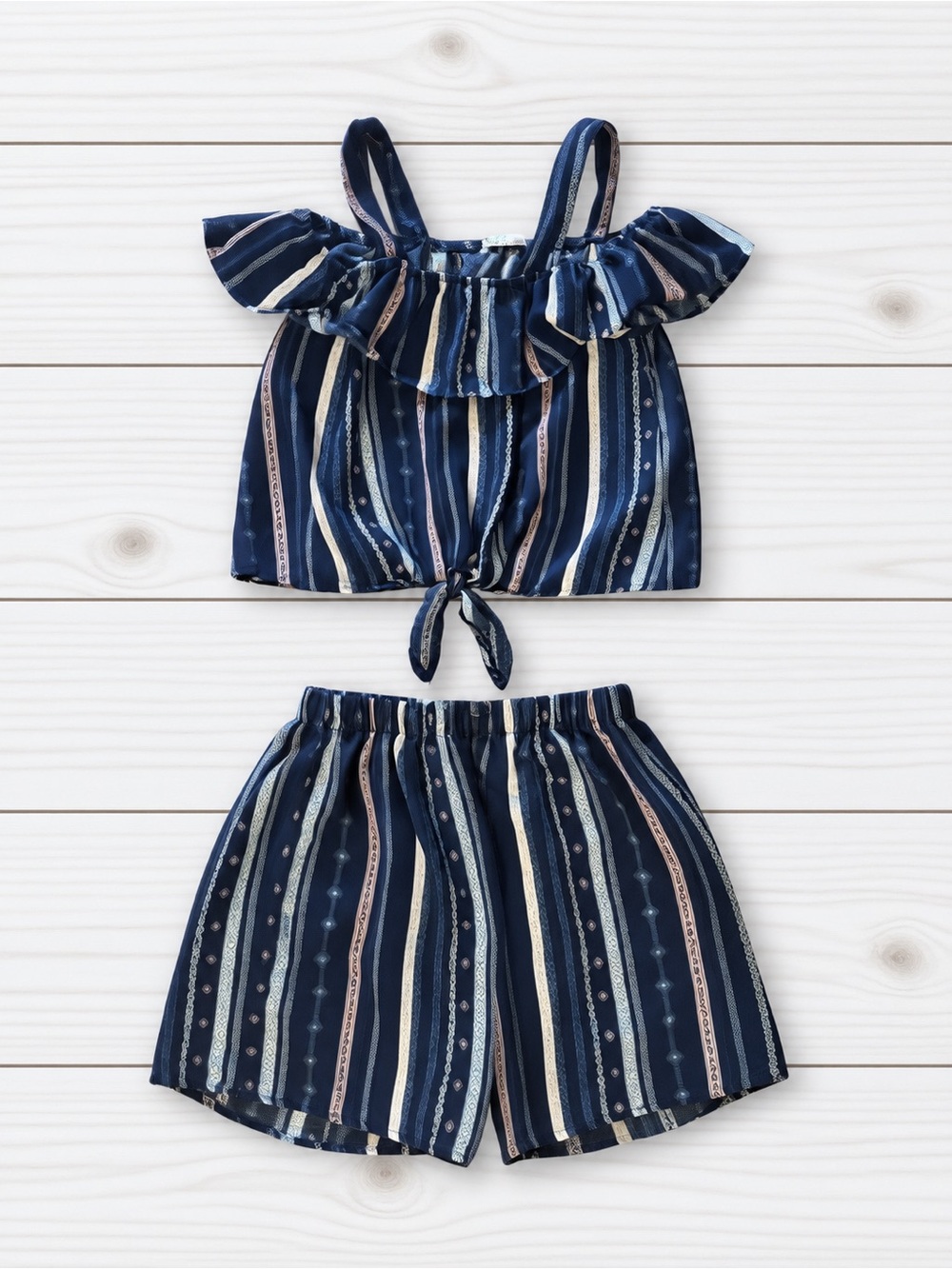 Girls Navy Striped Tie-Front Shorts Set